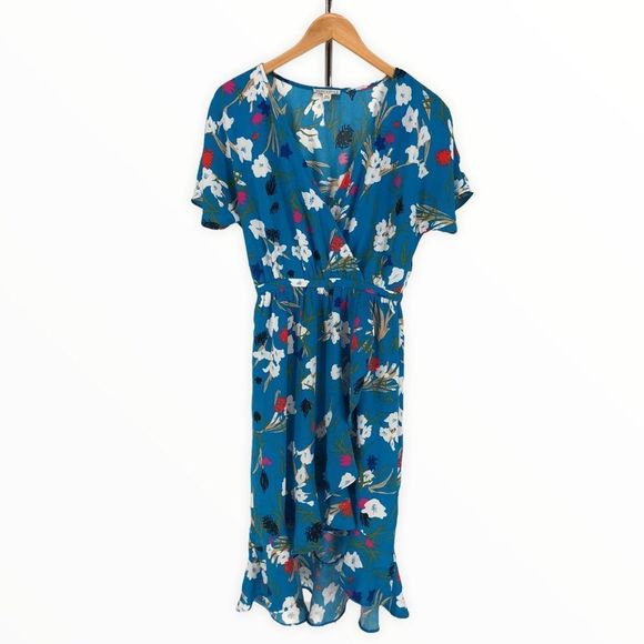 J Crew Mercantile Blue Floral Short Ruffle Sleeve. Faux Wrap Surplice Midi Dress - Picture 3 of 11